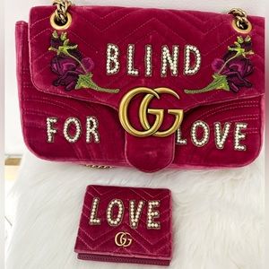 GUCCI Blind for Love Velvet Pink Rouge Marmont Handbag WITH WALLET